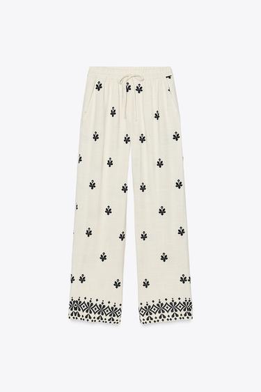 WIDE-LEG EMBROIDERED TROUSERS - Ecru / Black by Zara