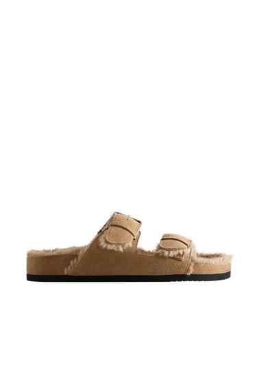 WARM SPLIT LEATHER DOUBLE-BUCKLE SANDALS - Taupe Grey by Zara