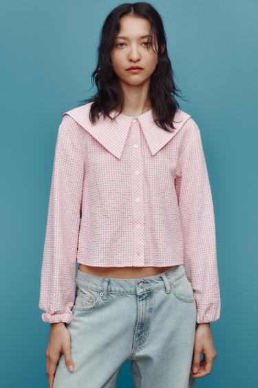GINGHAM PETER PAN COLLAR SHIRT - Pink / White by Zara