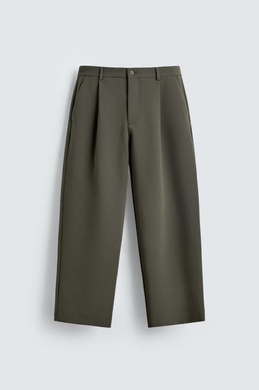 RELAXED FIT PLEATED TROUSERS - Green by Zara