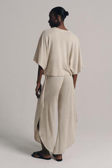 LINEN BLEND TROUSERS WITH SLITS - Sand by Zara