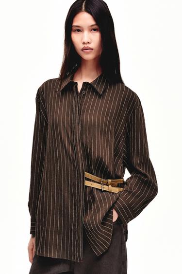 STRIPED SHIRT WITH BUCKLES - Brown / Ecru by Zara