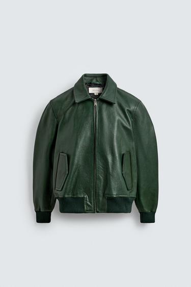 LEATHER BOMBER JACKET - Mid-green by Zara