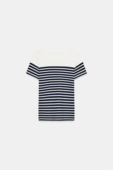 STRIPED SHORT SLEEVE T-SHIRT - Ecru / Blue by Zara