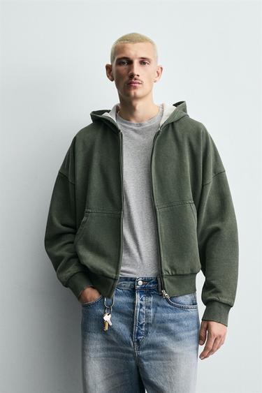 CONTRAST WAFFLE-KNIT HOODIE - Khaki by Zara