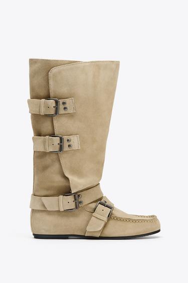 SPLIT SUEDE BUCKLED BOOTS - Sand Brown by Zara