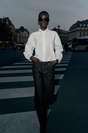 POPLIN SHIRT WITH JEWEL BEADS - White by Zara