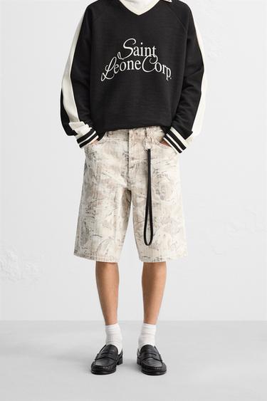 ABSTRACT PRINT DENIM BERMUDA SHORTS - Ecru by Zara