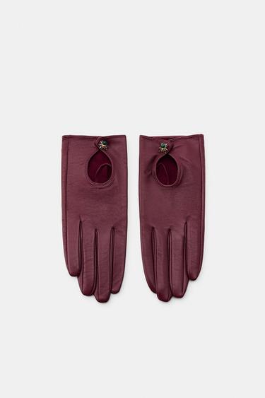 LEATHER SPIDER GLOVES - Burgundy by Zara