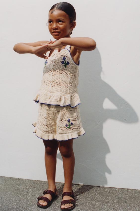 KNIT TOP WITH FLORAL EMBROIDERY - Ecru / Blue by Zara - Image 0