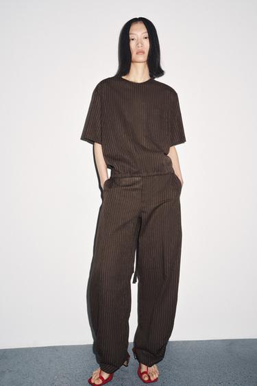 ZW COLLECTION STRIPED LINEN BLEND TOP - Brown / Ecru by Zara