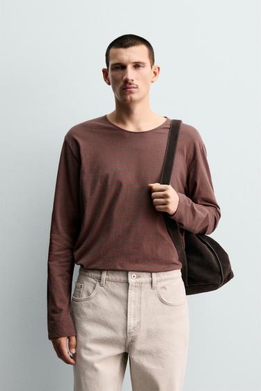 JACQUARD STRIPED T-SHIRT - Brown by Zara