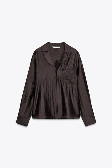 ZW COLLECTION EMBROIDERED POCKET SHIRT - Brown by Zara