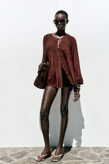 GATHERED FLOWING BLOUSE - Brown by Zara - Image 0