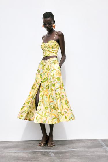 PRINTED LINEN BLEND SKIRT - yellow by Zara