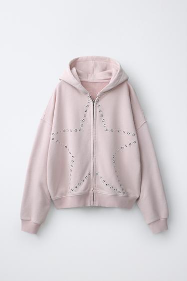 STAR STUDDED ZIP-UP HOODIE - Pink by Zara