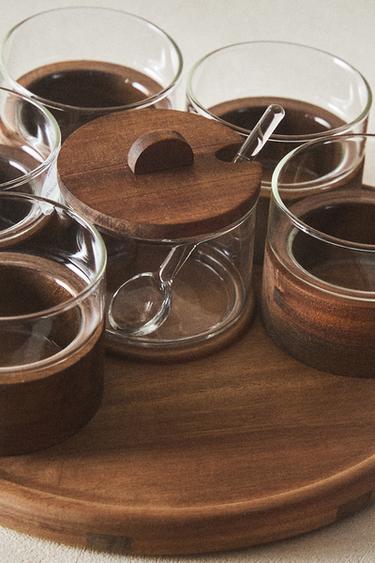 SET OF WOODEN TUMBLERS AND SUGAR BOWL - Light beige by Zara