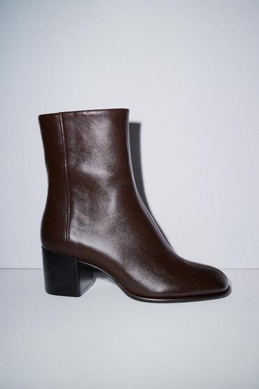 LEATHER ANKLE BOOTS WITH BLOCK HEEL - Chocolate Brown by Zara