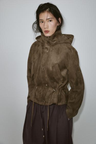 HOODED FAUX SUEDE JACKET - Light khaki by Zara