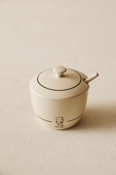 STONEWARE CAFÉ SUGAR BOWL - White / Green by Zara