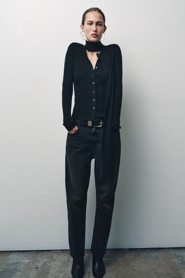 RIB KNIT CARDIGAN WITH SCARF - Black by Zara - Image 0