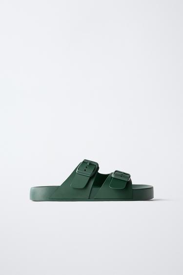 BUCKLED POOL SLIDERS - Green by Zara