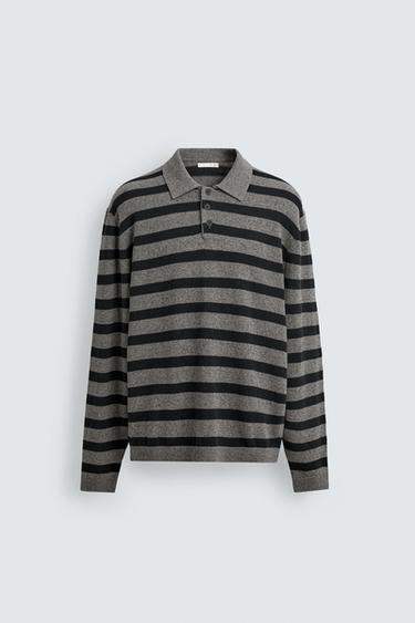 STRIPED COTTON/LINEN KNIT POLO SHIRT - Mid-grey by Zara