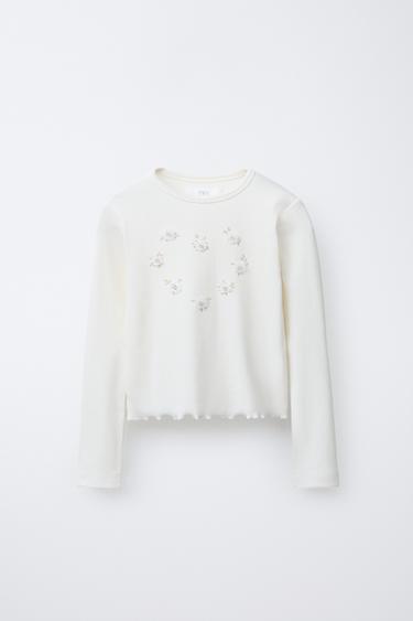 FLORAL APPLIQUÉ T-SHIRT - Oyster-white by Zara