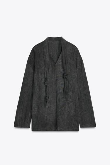 CREASED-EFFECT LINEN - COTTON SHIRT X FANGLU LIN - Anthracite grey by Zara