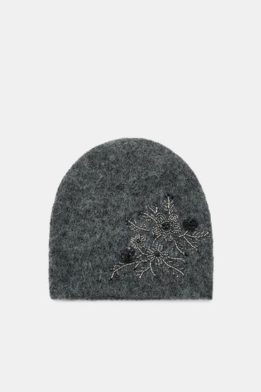EMBROIDERED BEANIE WITH BEADS - Grey by Zara