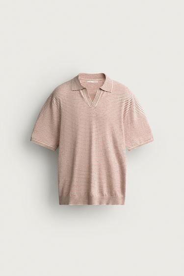 STRIPED JACQUARD KNIT POLO SHIRT - White / Red by Zara