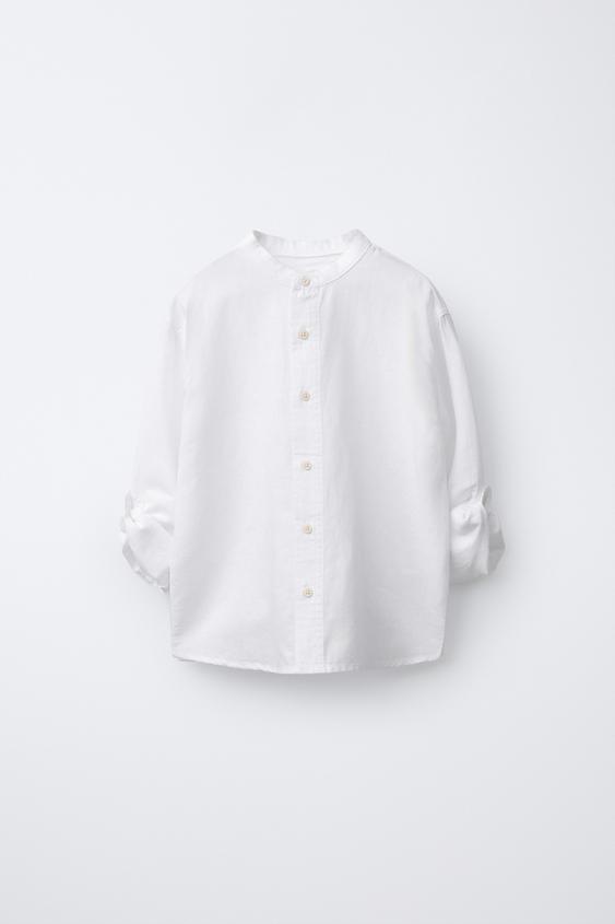 LINEN AND COTTON STAND COLLAR SHIRT - White by Zara - Image 0