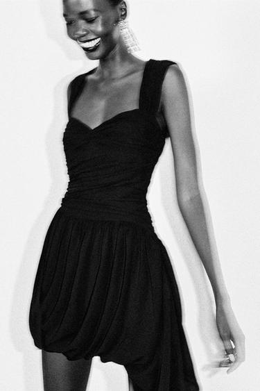 ASYMMETRIC BALLOON HEM DRAPED MINI DRESS - Black by Zara