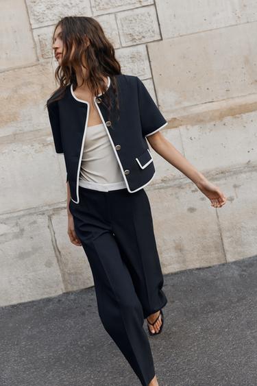 CONTRAST WAIST STRAIGHT-LEG TROUSERS - Navy blue by Zara