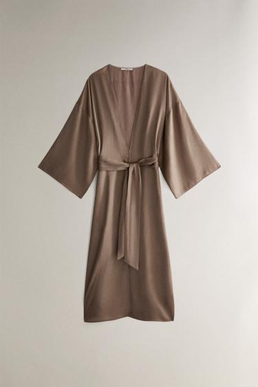 GATHERED SATEEN DRESSING GOWN - Brown by Zara