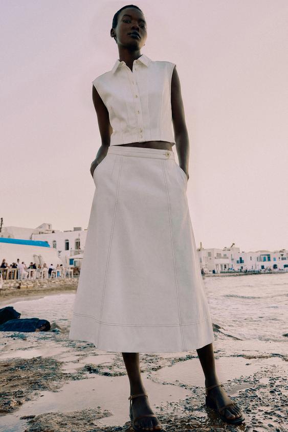 LINEN BLEND TOP WITH TOPSTITCHING - White by Zara - Image 0