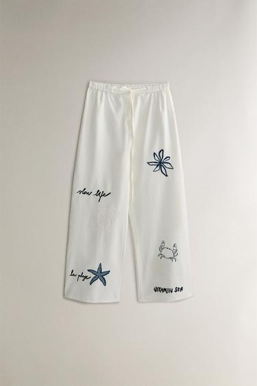 EMBROIDERED COTTON AND LINEN TROUSERS - Blue by Zara