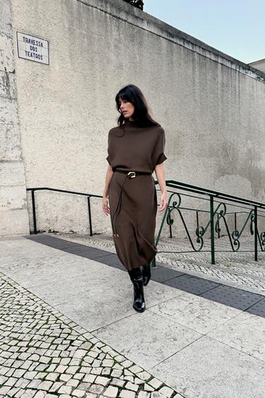 KNIT DRESS WITH BELT - Mink by Zara