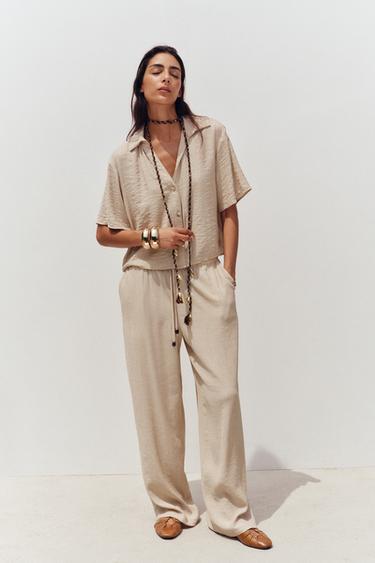 WIDE-LEG TROUSERS WITH ELASTIC WAISTBAND - Sand by Zara