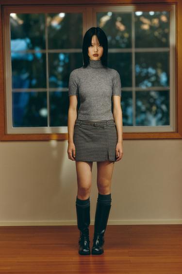 HOUNDSTOOTH SKORT WITH BELT - Grey / Tan by Zara