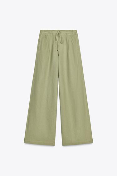 LINEN BLEND WIDE-LEG TROUSERS WITH BELT - Olive green by Zara