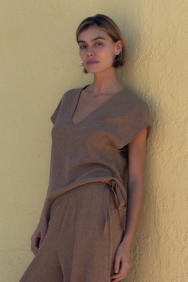 TEXTURED TOP WITH TIES - Light brown by Zara - Image 0