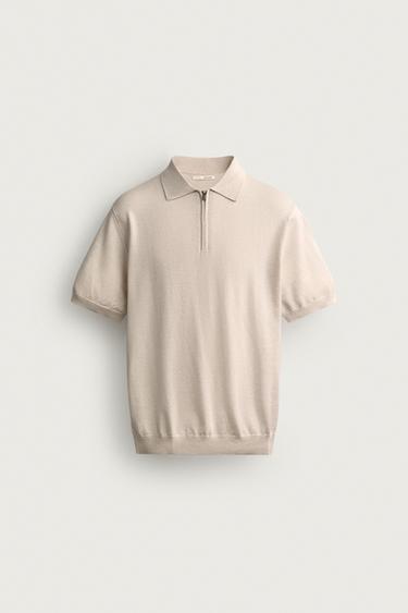REGULAR FIT ZIP-UP KNIT POLO SHIRT - Ecru / Beige by Zara