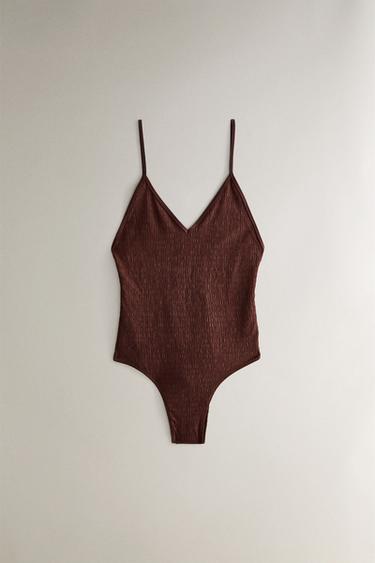 SMOCKED FABRIC BEACH SWIMSUIT - Terracotta by Zara - Image 0
