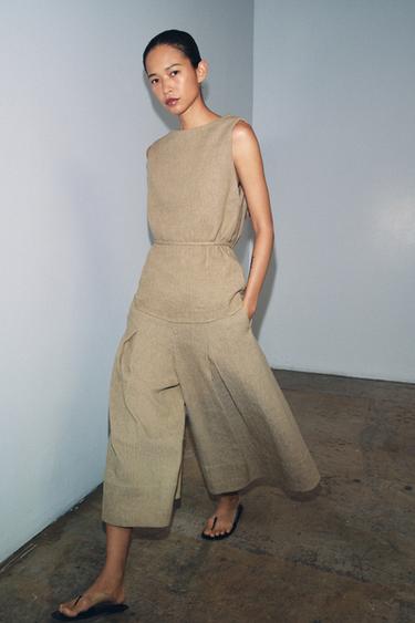 ZW COLLECTION WIDE-LEG LINEN BLEND TROUSERS - Khaki by Zara