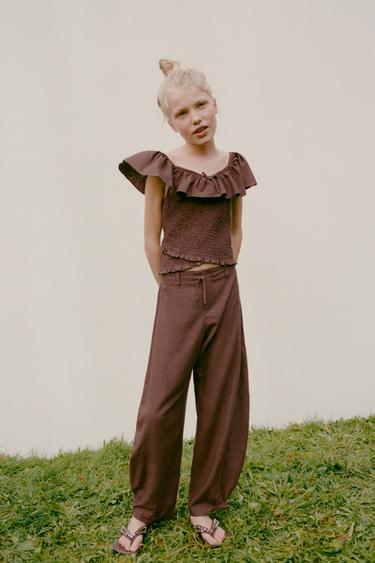LINEN BLEND BARREL TROUSERS - Brown by Zara