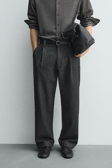 RELAXED FIT PINSTRIPED CHINO TROUSERS - Grey by Zara