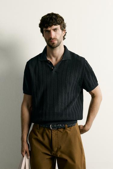 OPEN-KNIT TEXTURED POLO SHIRT - Black by Zara