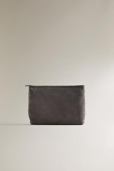LARGE SPLIT LEATHER WASH BAG - Dark Grey by Zara