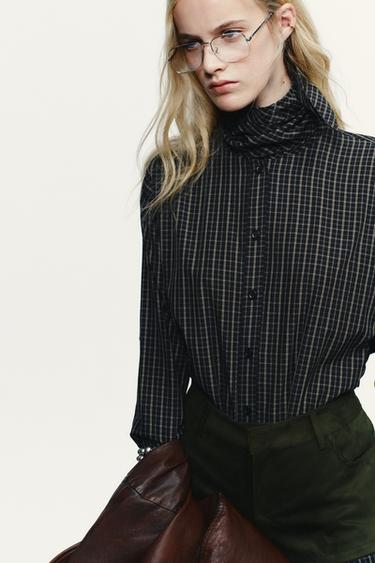 CHECK SHIRT WITH COTTON SCARF - Black / Ecru by Zara